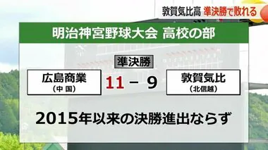 北信越代表・敦賀気比高校（福井）準決勝敗退　　高校野球の明治神宮野球大会（東京・神宮球場）