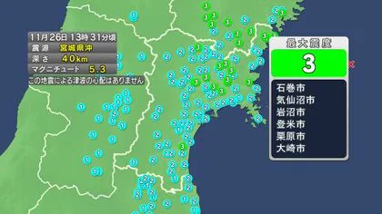 【速報】宮城で震度3　津波の心配なし 宮城県沖を震源とするM5.3の地震